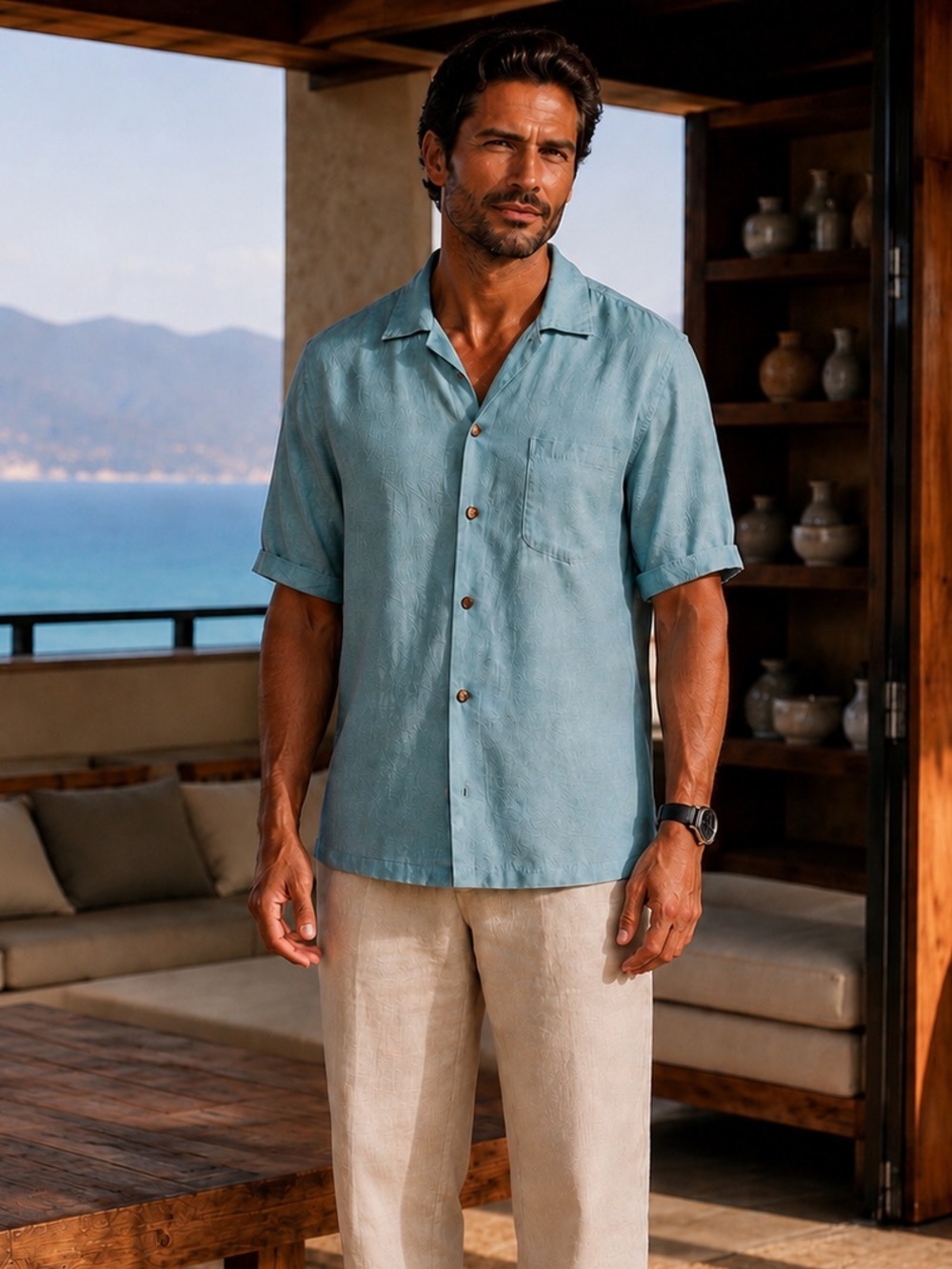 Tommy Bahama 100% Silk Camp Shirt Aqua Blue Tropical Large